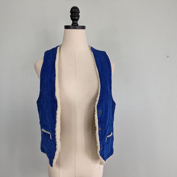 Vintage Corduroy Vest Sherpa Shearling Snap Western Boho 70s 80s Blue Cream L - Picture 2 of 13